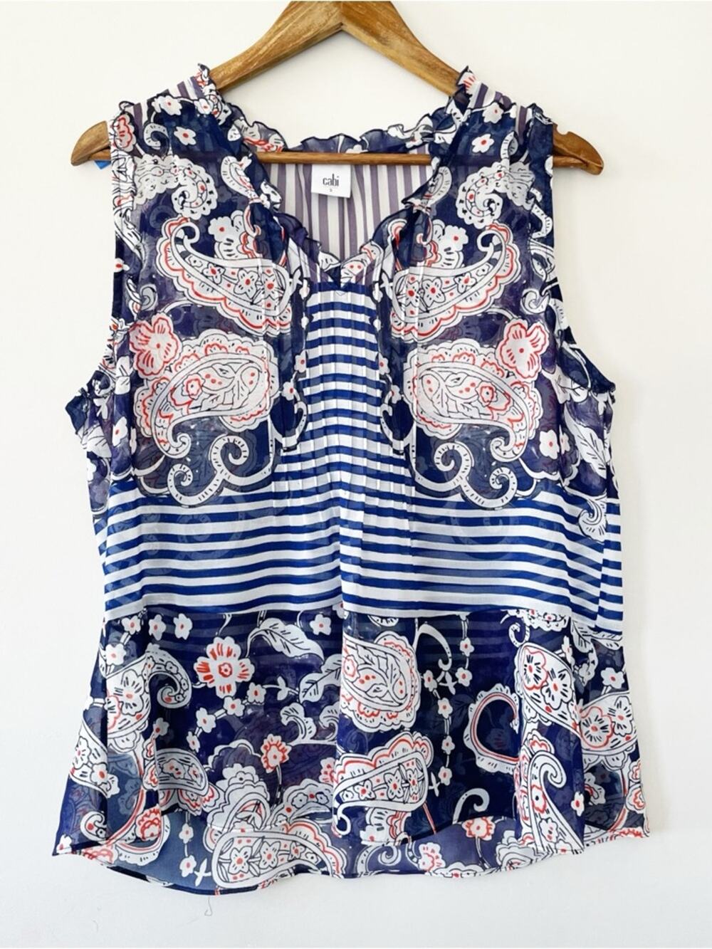 CAbi Navy Blue White Orange Paisley Stripe Sleeveless Top Size Small EUC